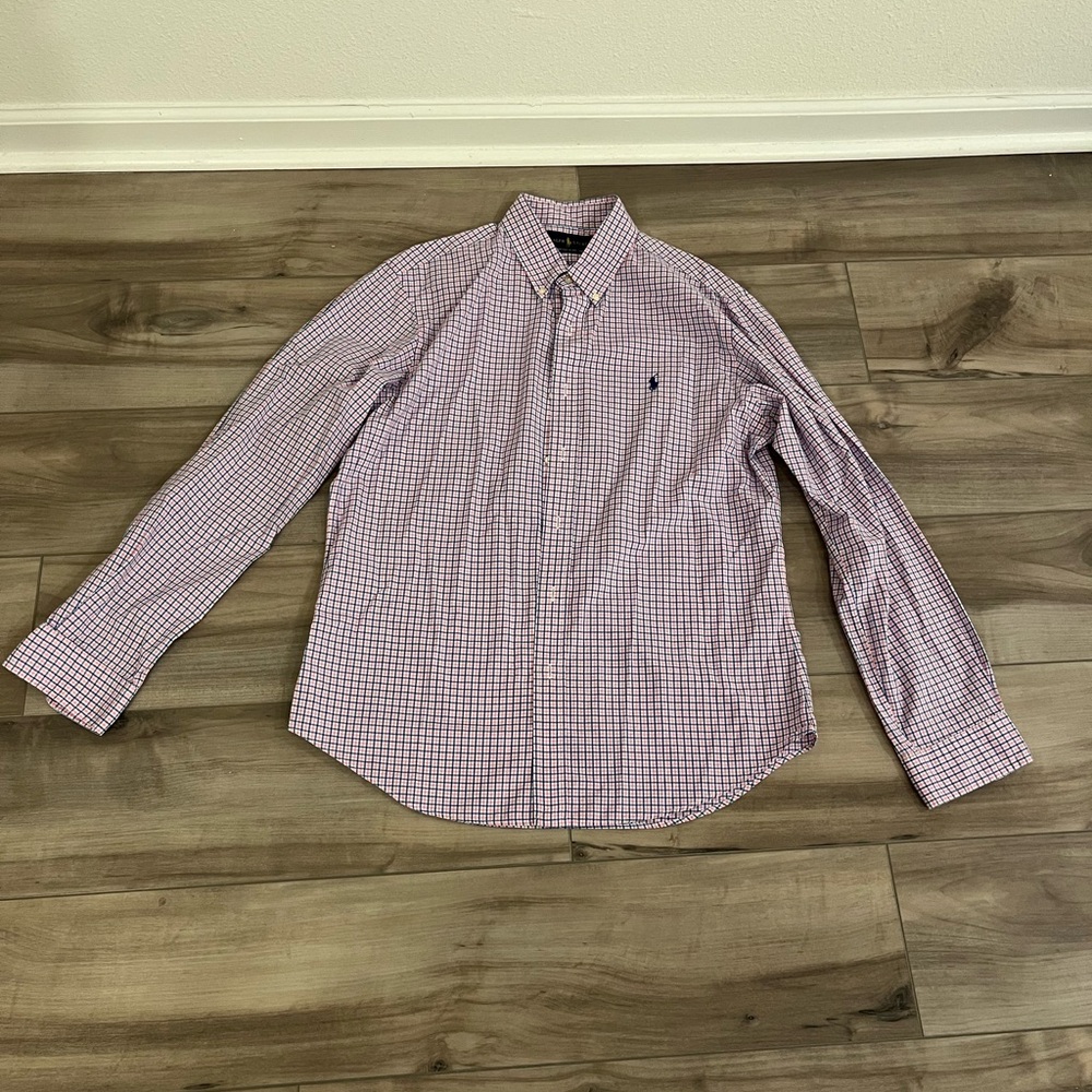 Ralph Lauren Men Button Down Shirt Pink And Blue Plaid Slim Fit Size L EUC